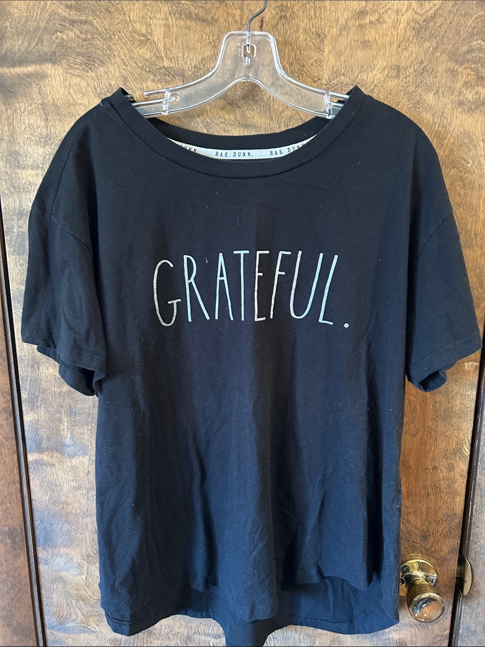 Rae Dunn Black Tee with 'GRATEFUL.' Mint Lettering